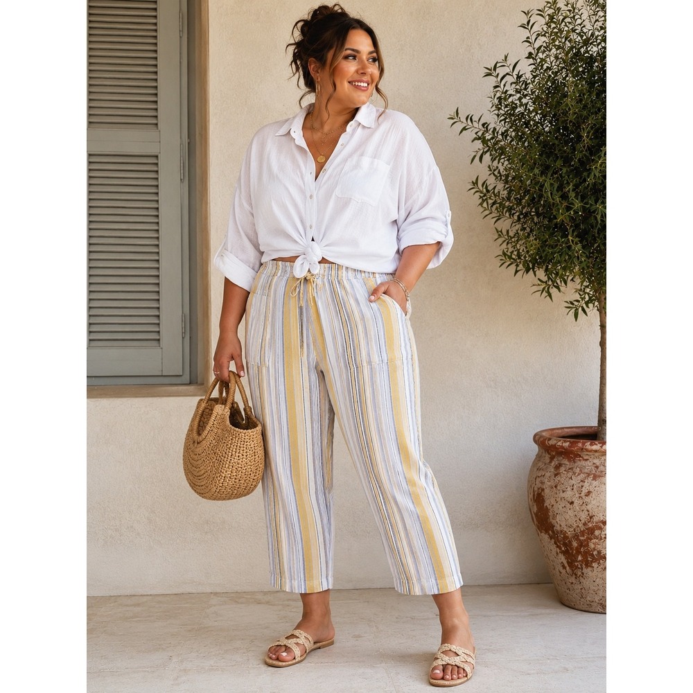 Land 'N Sea Linen Blend Striped Cropped Wide Leg Pants 2X Yellow Gray Coastal